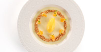 Mandel Namelaka mit Mandarinen Sorbet